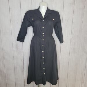VTG 80s 90s Black Fit And Flare Half Sleeve Maxi Shirt Dress Size 12
